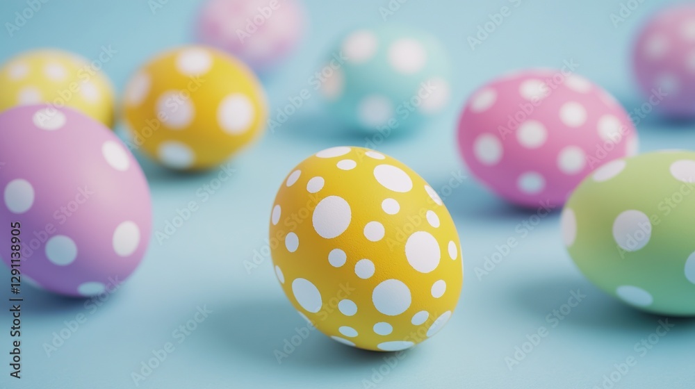 Vibrant Easter Eggs with Polka Dots on Pastel Background, Close-Up View. Joyful Easter Decorations, Cartoon Illustration, Flat Lay Artwork. Vibrant Easter Eggs with Polka Dots on Pastel Background, Close-Up View. Joyful Easter Decorations, Cartoon Illustration, Flat Lay Artwork.
