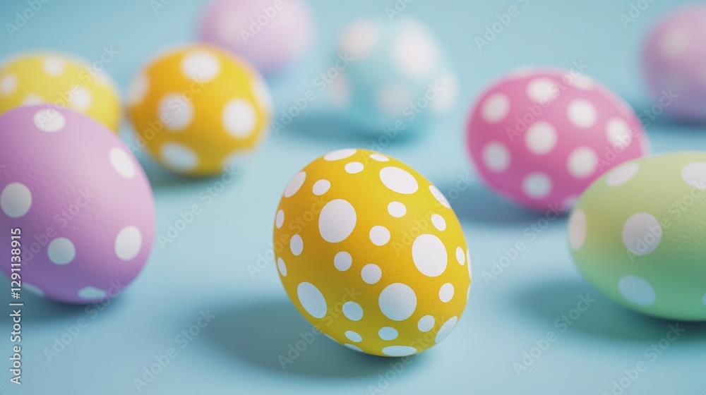 Vibrant Easter Eggs with Polka Dots on Pastel Background, Close-Up View. Joyful Easter Decorations, Cartoon Illustration, Flat Lay Artwork.