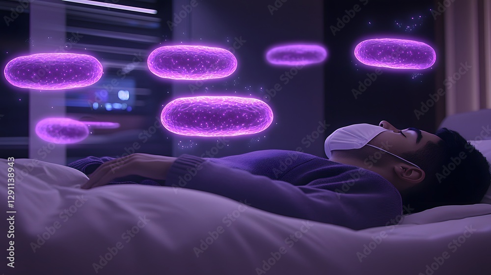 A person lies peacefully in bed their masked face partially obscured by a soft holographic projection of bacteria and virus scans the natural light gently illuminating the details in a modern