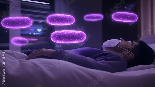 Obraz na płótnie A person lies peacefully in bed their masked face partially obscured by a soft holographic projection of bacteria and virus scans the natural light gently illuminating the details in a modern w salonie