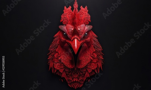 Red rooster digital art, dark background, graphic design