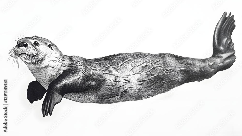 A playful otter floating on its back rendered in a fine pen and ink style that captures the detailed texture of its fur and the graceful movement of its body in the water