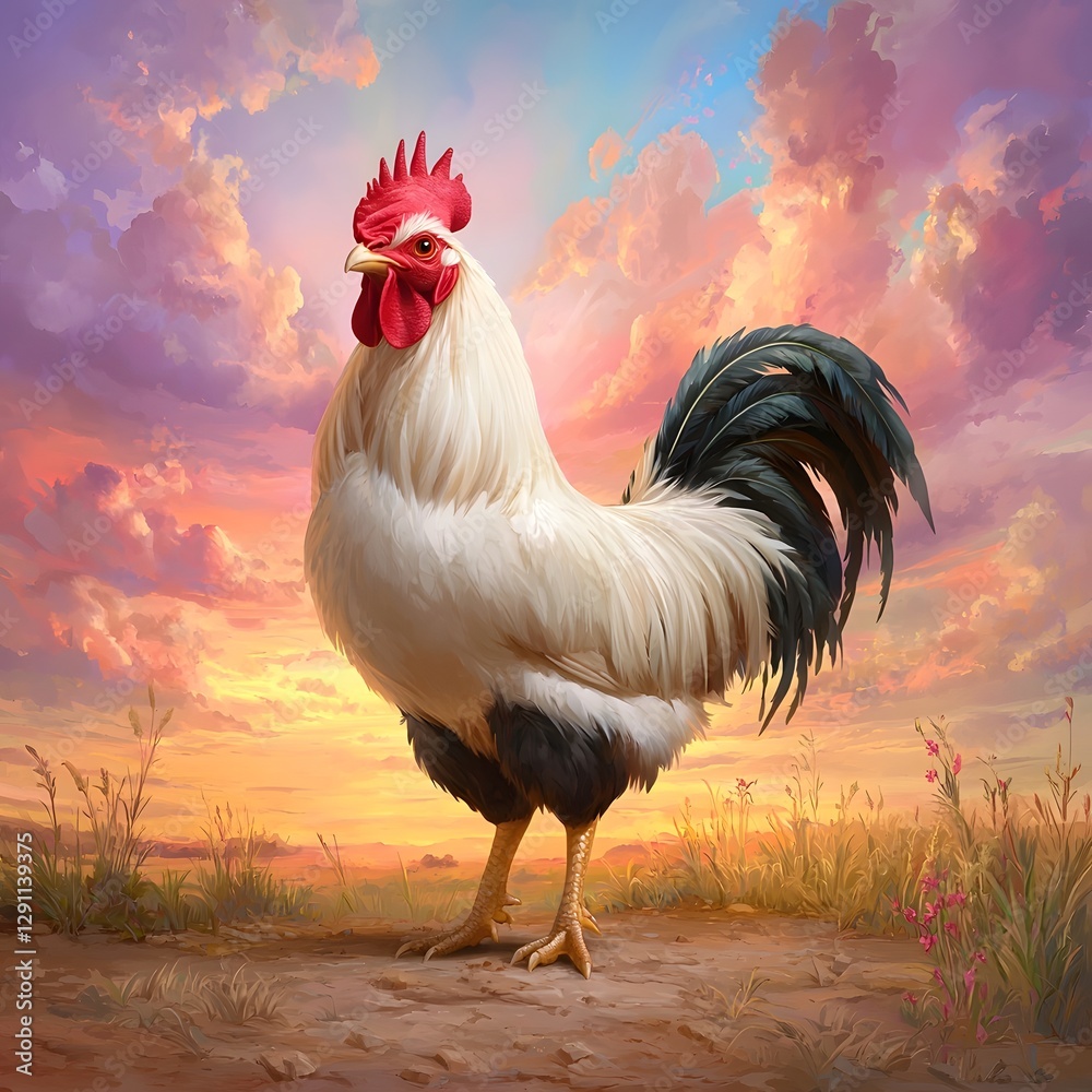 A proud and majestic barnyard rooster standing tall in a vibrant vintage inspired farming landscape The rooster is captured at sunrise with a dramatic sky full of colorful clouds in the background