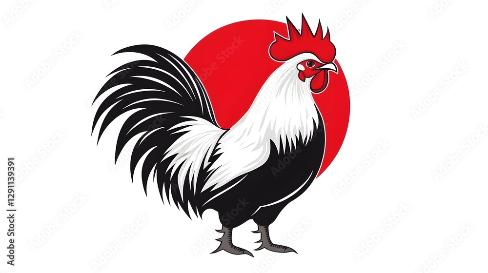 A proud barnyard rooster crowing at sunrise depicted in a classic farming style with sharp linework and bold colors