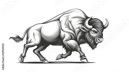 Obraz na płótnie A powerful bison charging with dynamic force across the open prairie captured in a bold vintage Western engraving style with strong energetic strokes and a gritty textured appearance w salonie
