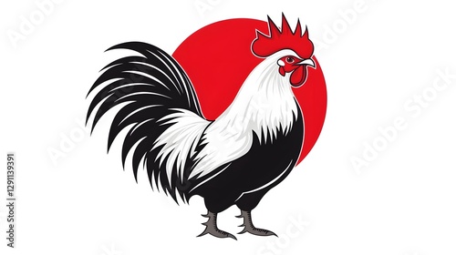 Obraz na płótnie A proud barnyard rooster crowing at sunrise depicted in a classic farming style with sharp linework and bold colors w salonie