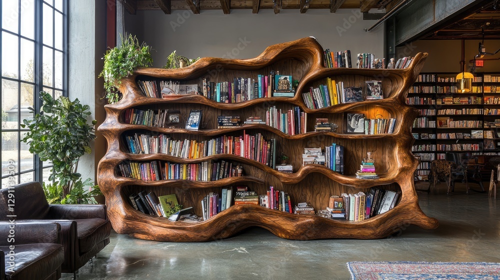 A unique home decor scene featuring a sculptural wavy bookcase. A unique home decor scene featuring a sculptural wavy bookcase.