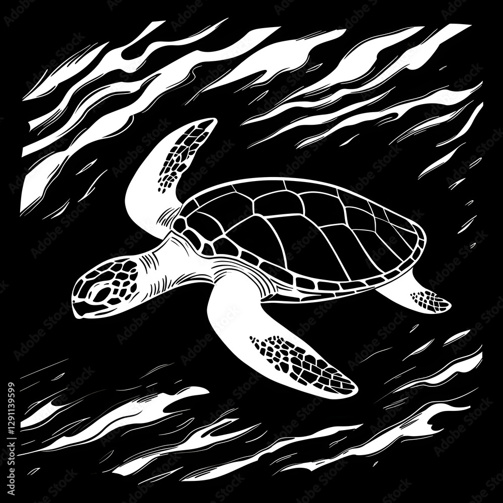 A serene and elegant sea turtle swimming gracefully through the ocean captured in a fluid fine line ink style with soft flowing shading and a minimalist abstract aesthetic