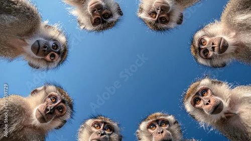 Fototapeta Curious Monkeys Gazing Upward Under Bright Blue Sky Captured in a Unique Overhead Perspective for Wildlife Photography