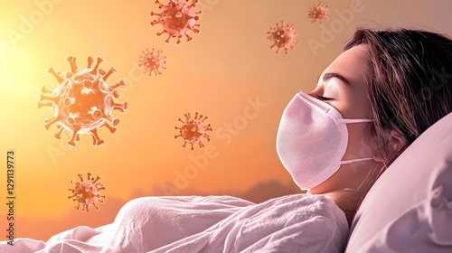 Obraz na płótnie A serene woman lying on a hospital bed wearing a face mask her eyes closed and bathed in warm golden light as delicate influenza virus particles float softly around her in a tranquil meditative scene w salonie