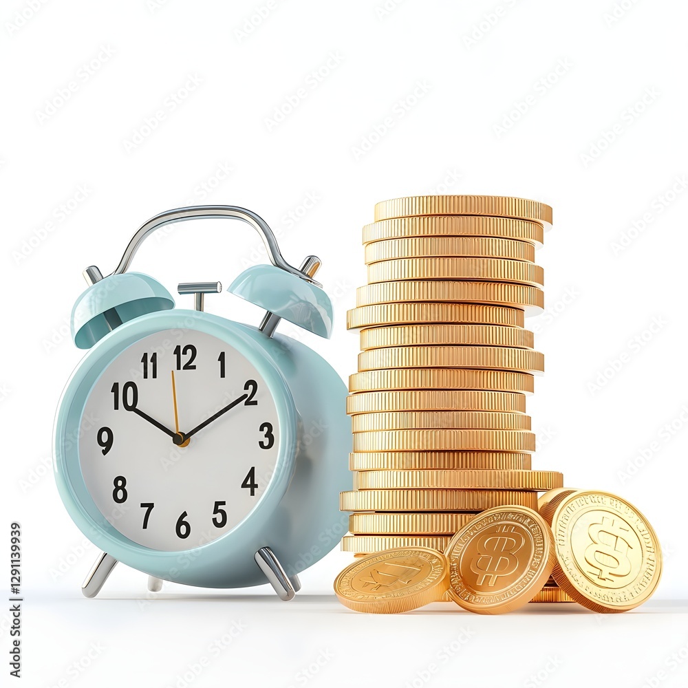 A stack of golden coins with an alarm clock beside it symbolizing the passing of time for saving and investing