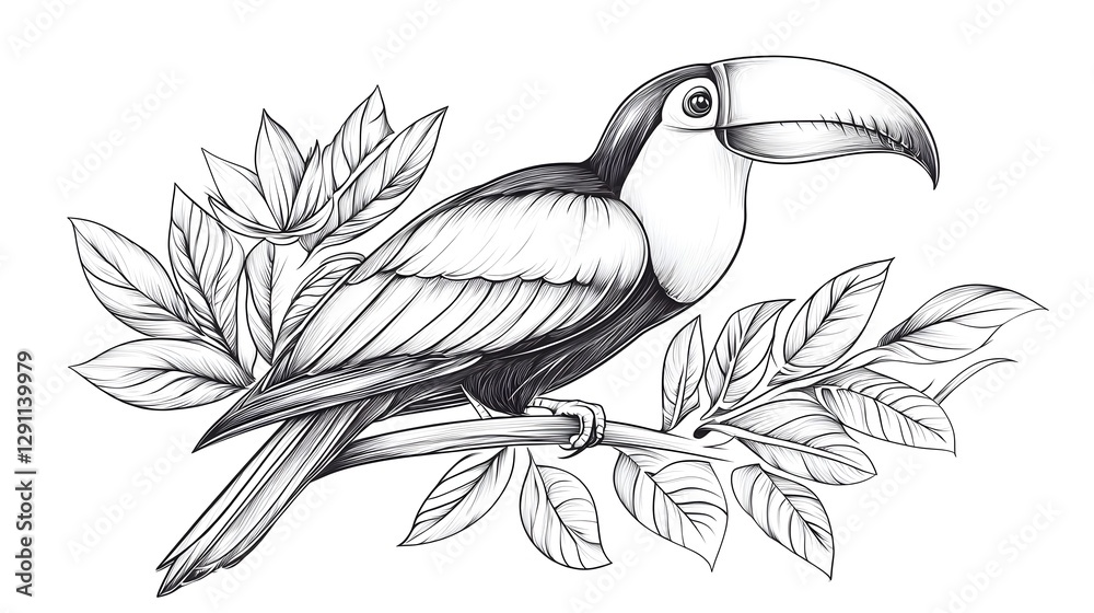 A stippled ink drawing of a toucan bird perched on a tropical branch showcasing the intricate texture and detail of the bird s feathers and the lush foliage surrounding it