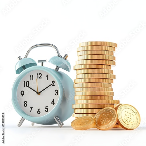 Obraz na płótnie A stack of golden coins with an alarm clock beside it symbolizing the passing of time for saving and investing w salonie