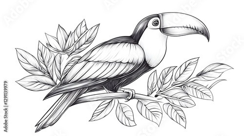 Obraz na płótnie A stippled ink drawing of a toucan bird perched on a tropical branch showcasing the intricate texture and detail of the bird s feathers and the lush foliage surrounding it w salonie