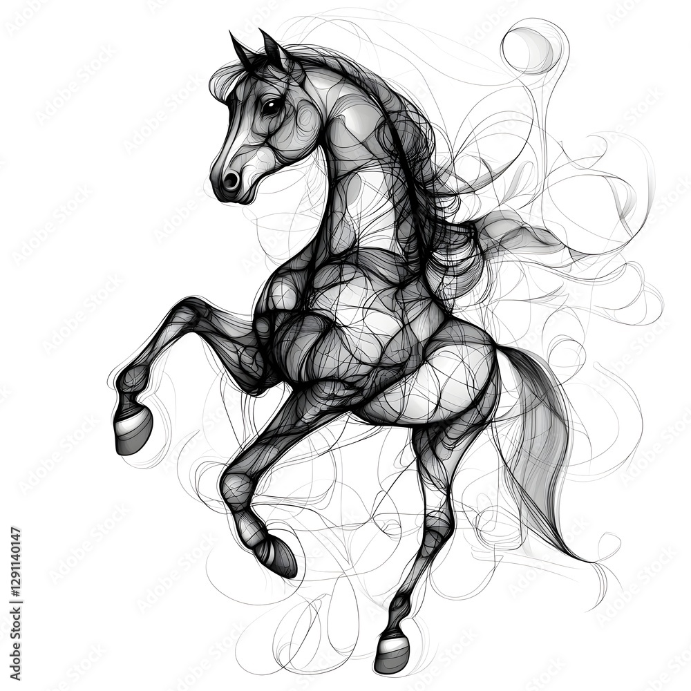 A surreal and mystical image depicting a horse dissolving into wispy smoke illustrated in an abstract monochrome ink wash painting style The ethereal