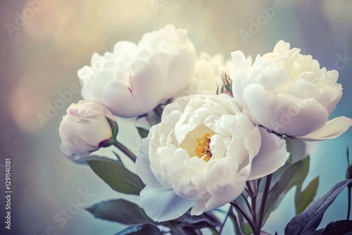 Fototapeta Naklejka Na Ścianę i Meble -  White peonies showcase their lush petals and striking yellow centers, bathed in soft natural light, creating an atmosphere of tranquility and elegance. Generative AI