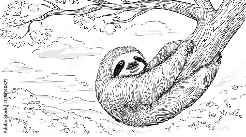 A tranquil scene depicting a sloth hanging lazily from a tree branch its thick fur masterfully illustrated using a fine ink stippling technique to add intricate texture and depth to the image