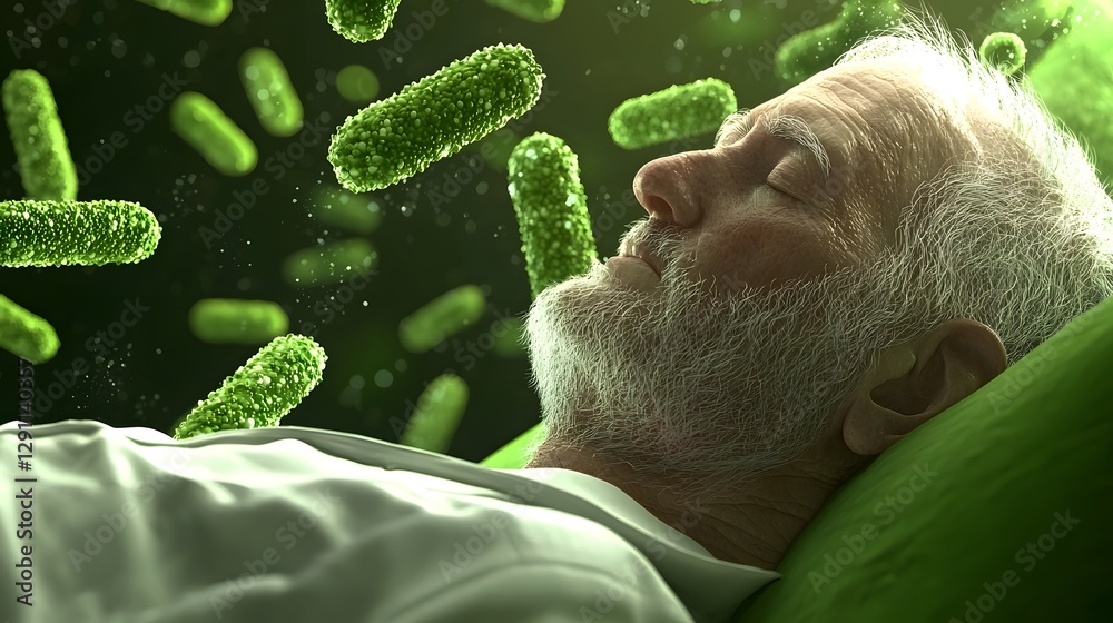 A surreal cyber medical concept depicting a patient in bed surrounded by interactive bacteria and virus holograms floating in mid air with soft natural light filling the scene