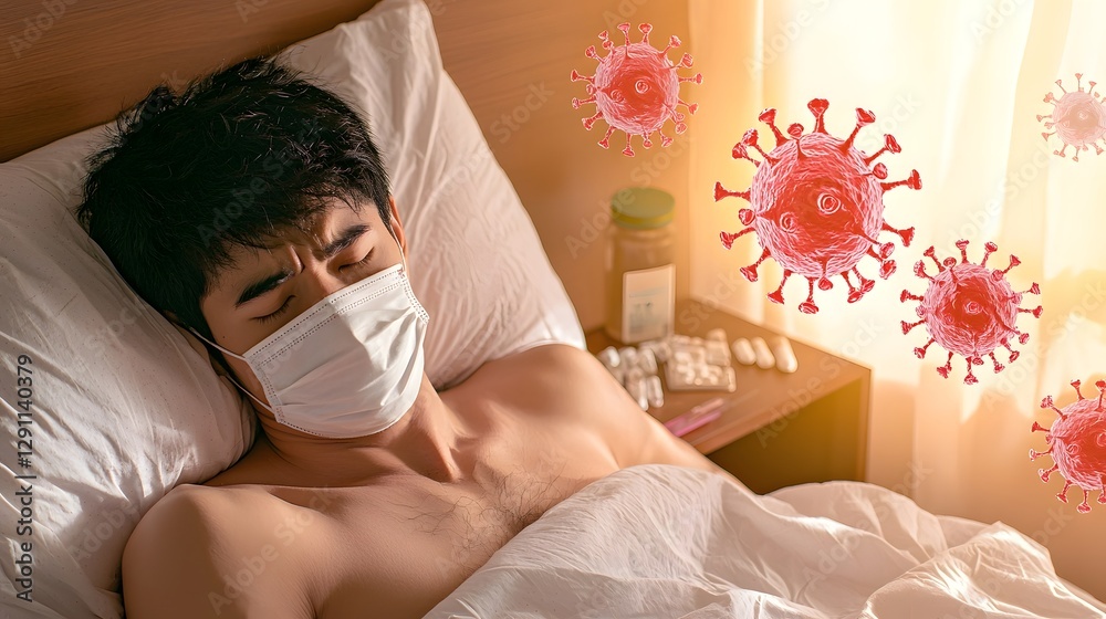A visibly weak man lies in bed wearing a face mask with a cluttered bedside table full of flu medication Golden sunlight filters through the curtains as influenza virus particles float in the air