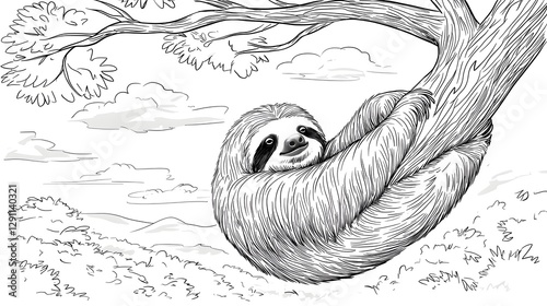 Obraz na płótnie A tranquil scene depicting a sloth hanging lazily from a tree branch its thick fur masterfully illustrated using a fine ink stippling technique to add intricate texture and depth to the image w salonie