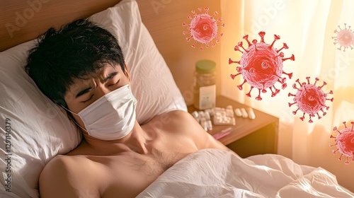 Obraz na płótnie A visibly weak man lies in bed wearing a face mask with a cluttered bedside table full of flu medication Golden sunlight filters through the curtains as influenza virus particles float in the air w salonie
