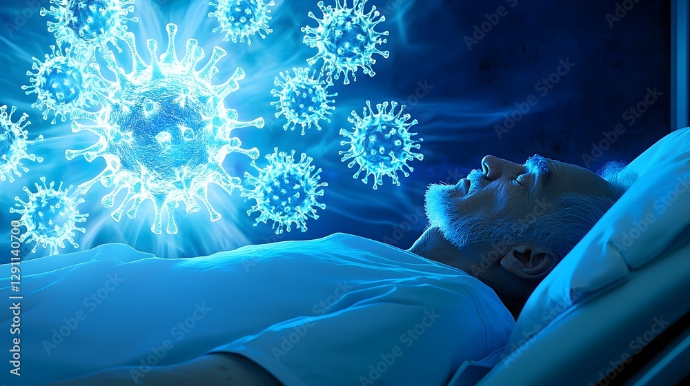 A weak individual resting in bed looking at holographic virus and bacteria models floating around them with soft natural daylight adding a warm glow to the refined and highly detailed scene