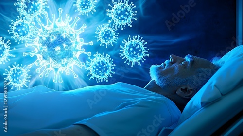 Obraz na płótnie A weak individual resting in bed looking at holographic virus and bacteria models floating around them with soft natural daylight adding a warm glow to the refined and highly detailed scene w salonie