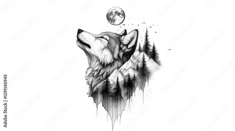 A Wolf Howling at the Moonlit Night Illustrated in a Stippled Ink Drawing with Deep Shadows and Textured Fur Details Creating a Moody and Mystical Atmosphere