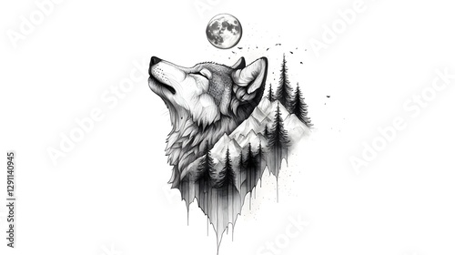 Obraz na płótnie A Wolf Howling at the Moonlit Night Illustrated in a Stippled Ink Drawing with Deep Shadows and Textured Fur Details Creating a Moody and Mystical Atmosphere w salonie