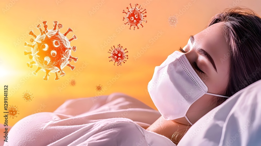 A woman wearing a protective face mask lies resting on a hospital bed her eyes closed bathed in a warm golden light as tiny virus particles float softly in the air around her