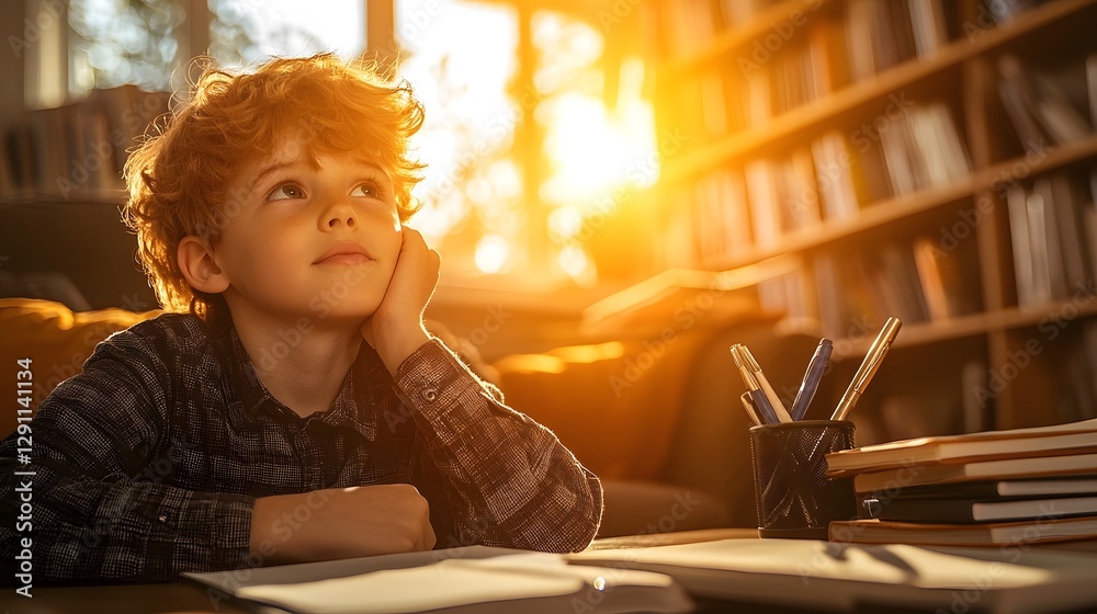 A young boy is enthusiastically taking notes while attending an online lesson in a casual home study setup The room is bathed in natural daylight from a nearby window