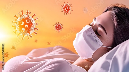 Obraz na płótnie A woman wearing a protective face mask lies resting on a hospital bed her eyes closed bathed in a warm golden light as tiny virus particles float softly in the air around her w salonie