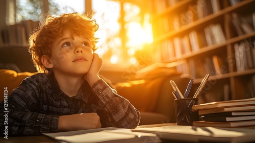 Obraz na płótnie A young boy is enthusiastically taking notes while attending an online lesson in a casual home study setup The room is bathed in natural daylight from a nearby window w salonie