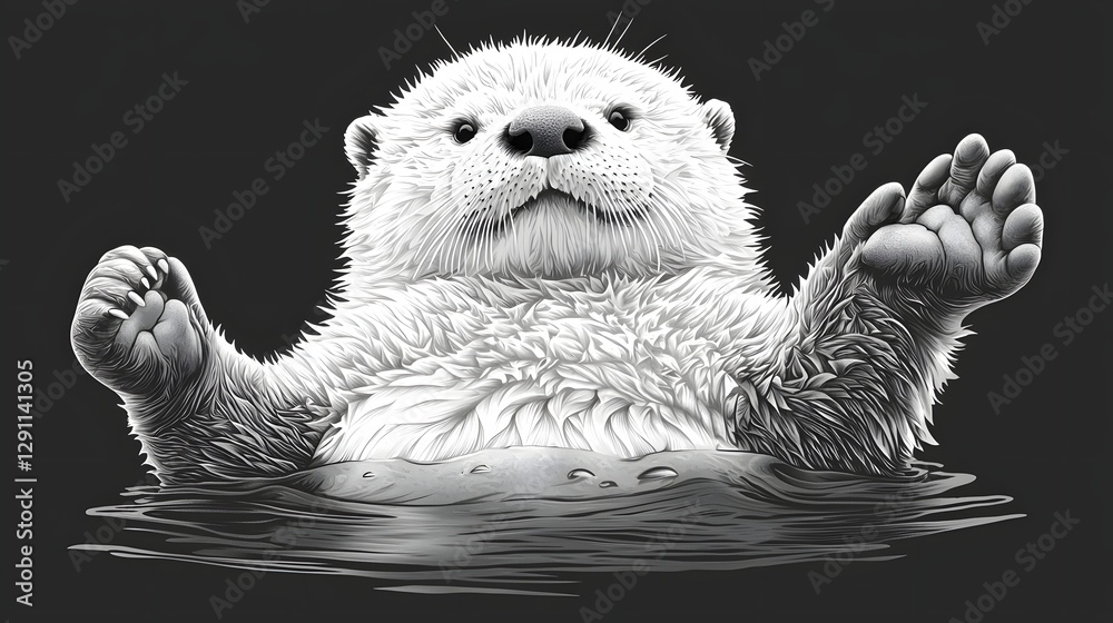 A whimsical of a playful otter floating on its back rendered in a fine pen and ink style that captures the delicate texture of its soft furry coat The otter appears carefree and serene
