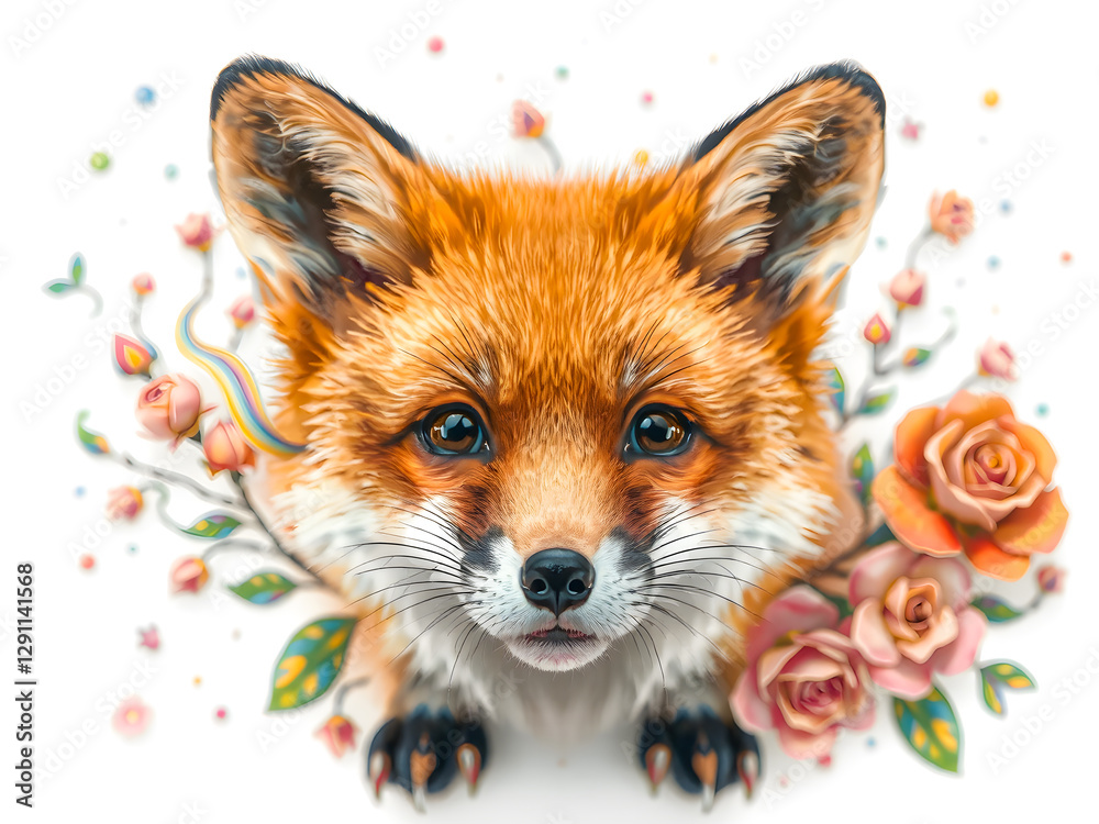 Fototapeta premium Cute fox with flowers isolated on white background.