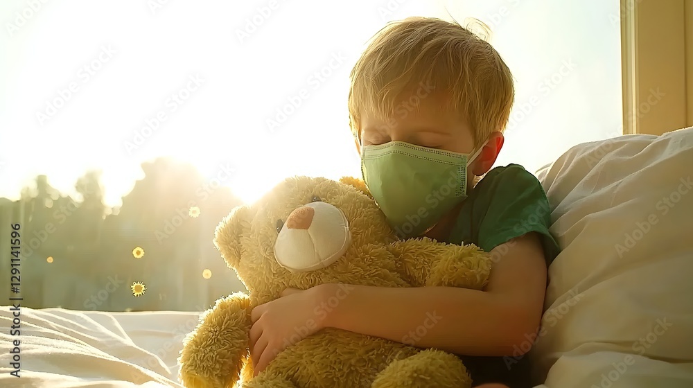 A young child wrapped in a blanket and wearing a protective face mask finds solace in embracing a plush toy as the warm golden rays of a sunset stream through the window