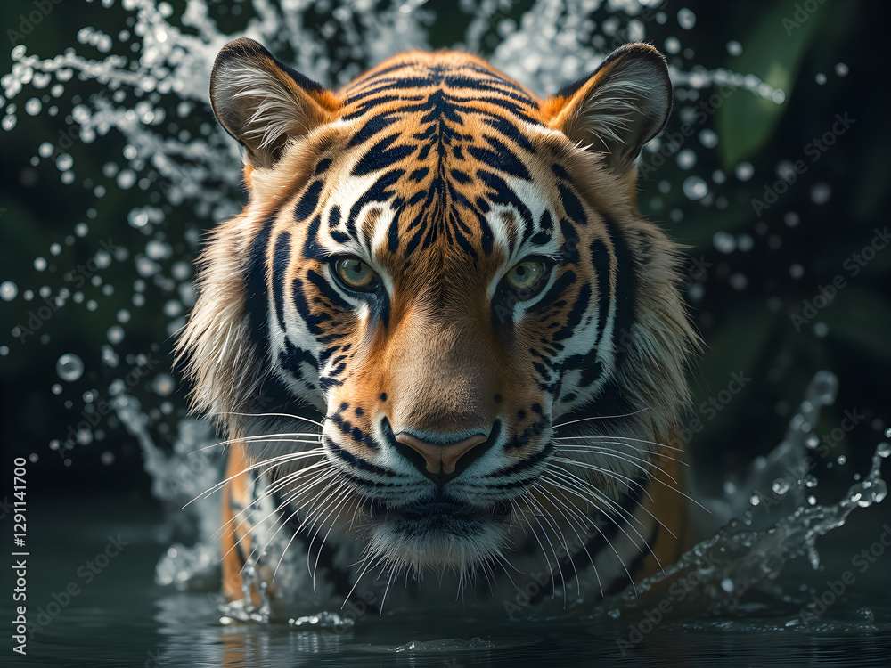 Obraz premium Portrait of a tiger standing in the water and looking at the camera