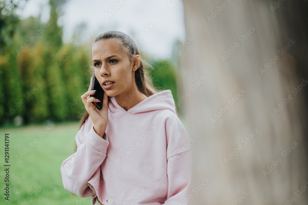 Woman wearing a light hoodie having a conversation on a phone in a park. Woman wearing a light hoodie having a conversation on a phone in a park.
