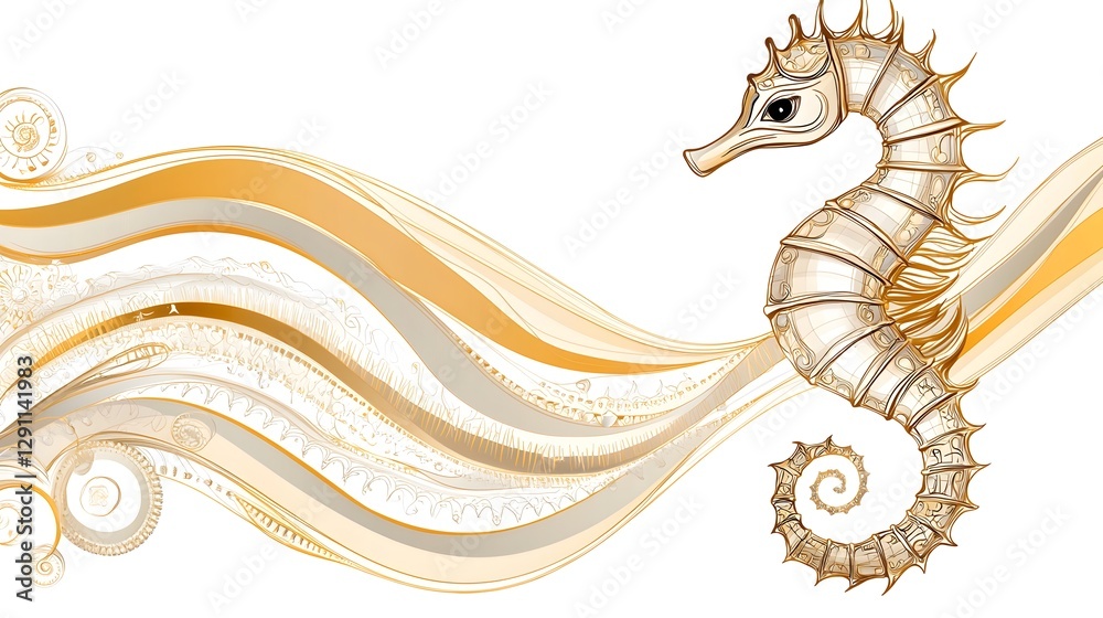 An intricate botanical inspired digital depicting a serene and graceful seahorse floating in the aquatic environment with flowing sinuous lines and a surreal dreamlike