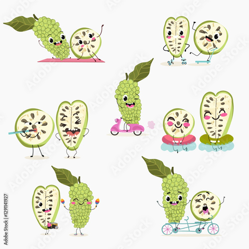 Noni fruit cute funny cheerful characters with different poses and emotions. Natural vitamin antioxidant .Vector hand drawn illistration.
