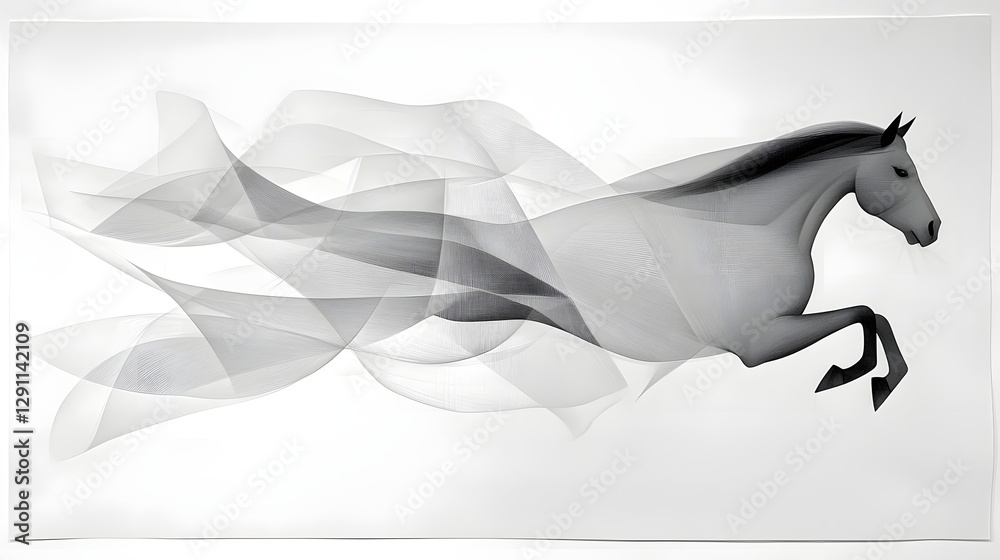 Captivating abstract depiction of a galloping horse captured in motion with bold expressive ink lines and cross hatching to convey a sense of energy power and grace