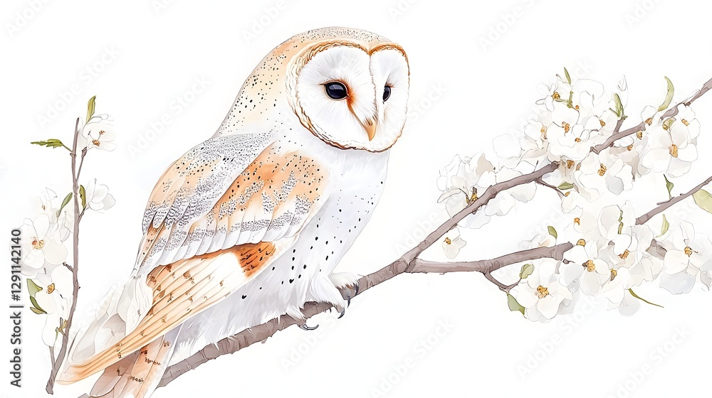 Captivating Barn Owl Perched on Tree Branch in Vintage Botanical Style This image showcases a stunning barn owl with its feathers carefully etched in a vintage botanical style