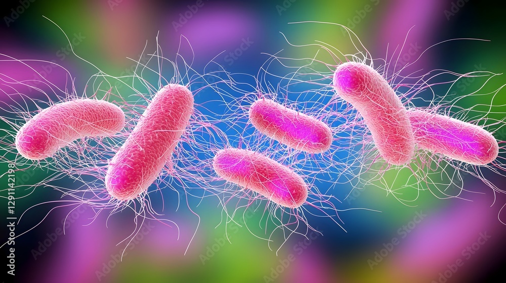 Captivating Conceptual Art of Glowing Bacilli Bacteria in Abstract Structures A surreal and refined digital depicting colorful vibrant bacilli bacteria within an abstract