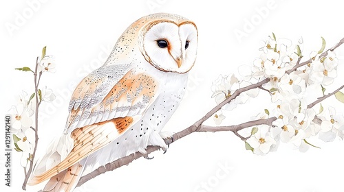 Obraz na płótnie Captivating Barn Owl Perched on Tree Branch in Vintage Botanical Style This image showcases a stunning barn owl with its feathers carefully etched in a vintage botanical style w salonie