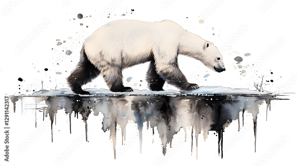 Captivating digital of a polar bear walking across the ice its fur depicted with soft naturalistic cross hatching in a striking monochrome style