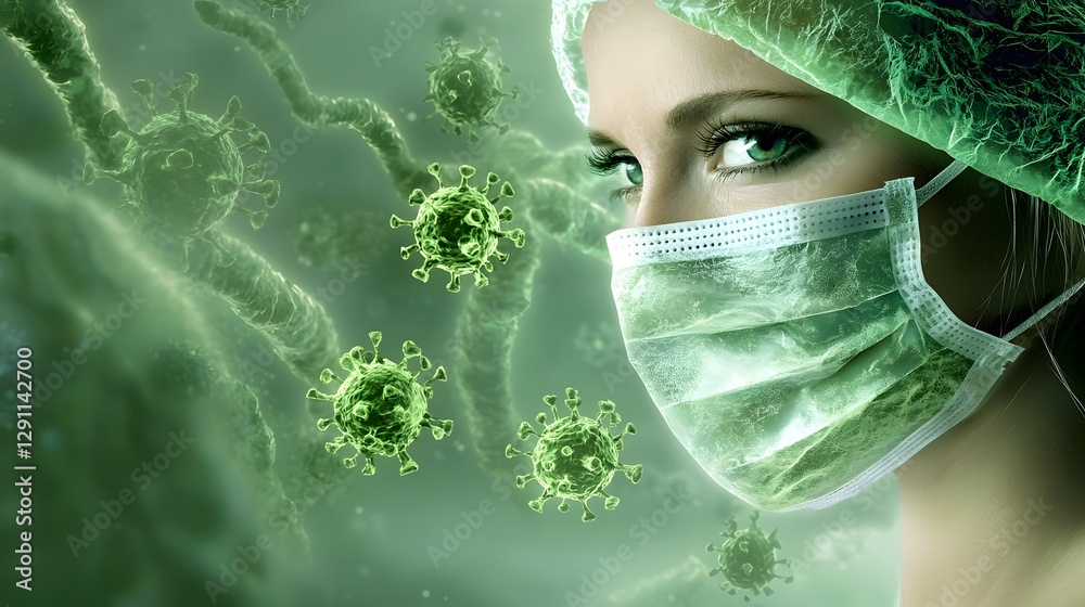 Cinematic close up of a feverish patient s masked face partially covered by the soft glow of floating bacteria and virus holograms in a refined and medical sci fi inspired scene