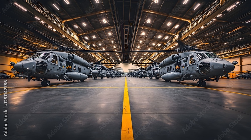 Cinematic composition of military helicopters stationed inside a massive industrial hangar soft overhead lighting casting shadows on the concrete floor intricate engineering details highlighted