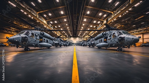 Obraz na płótnie Cinematic composition of military helicopters stationed inside a massive industrial hangar soft overhead lighting casting shadows on the concrete floor intricate engineering details highlighted w salonie