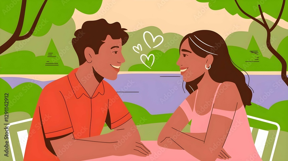 Young couple on romantic date in park setting, smiling at each other with heart symbols between them, surrounded by lush greenery and water view Young couple on romantic date in park setting, smiling at each other with heart symbols between them, surrounded by lush greenery and water view