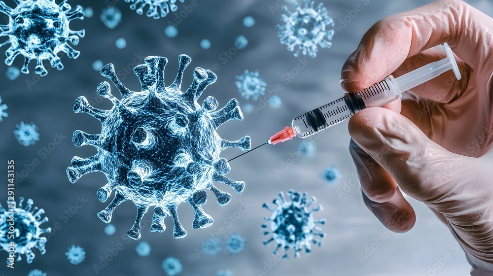 Close up of a doctor s hand carefully pushing the plunger of a syringe to administer the influenza vaccine with the influenza virus particles subtly visible in the background
